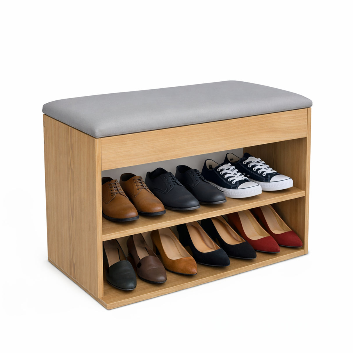 Zapatero Gris yFresno 60x43cm Horizontal de Dos Niveles con Asiento Integrado y para Seis Pares