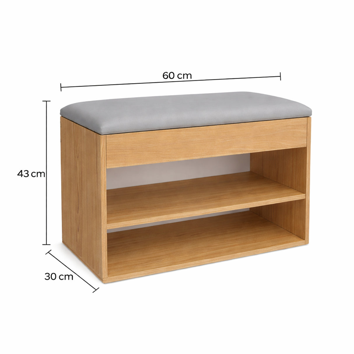 Zapatero Gris yFresno 60x43cm Horizontal de Dos Niveles con Asiento Integrado y para Seis Pares