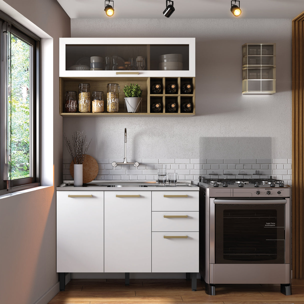 Cocina Integral Axe Blanco 120x153cm con Mesón de Acero Inoxidable de Pozuelo Centro sin Estufa