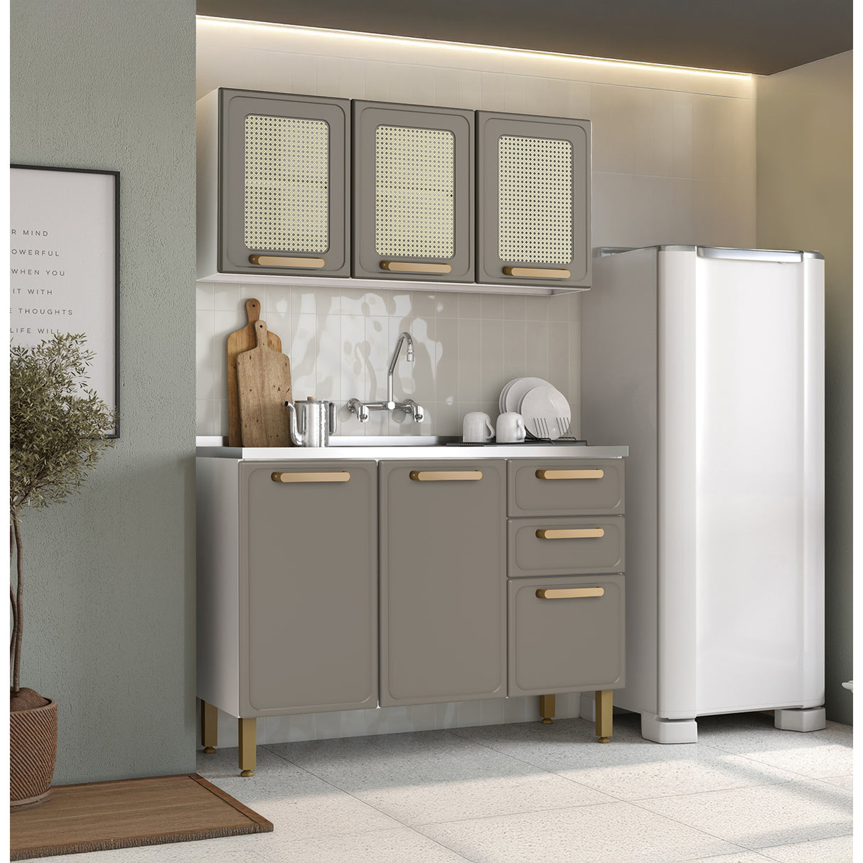 Cocina Integral Bella Cemento 120x138cm con Mesón de Acero Inoxidable de Pozuelo Centro sin Estufa y con Puerta de Rattan