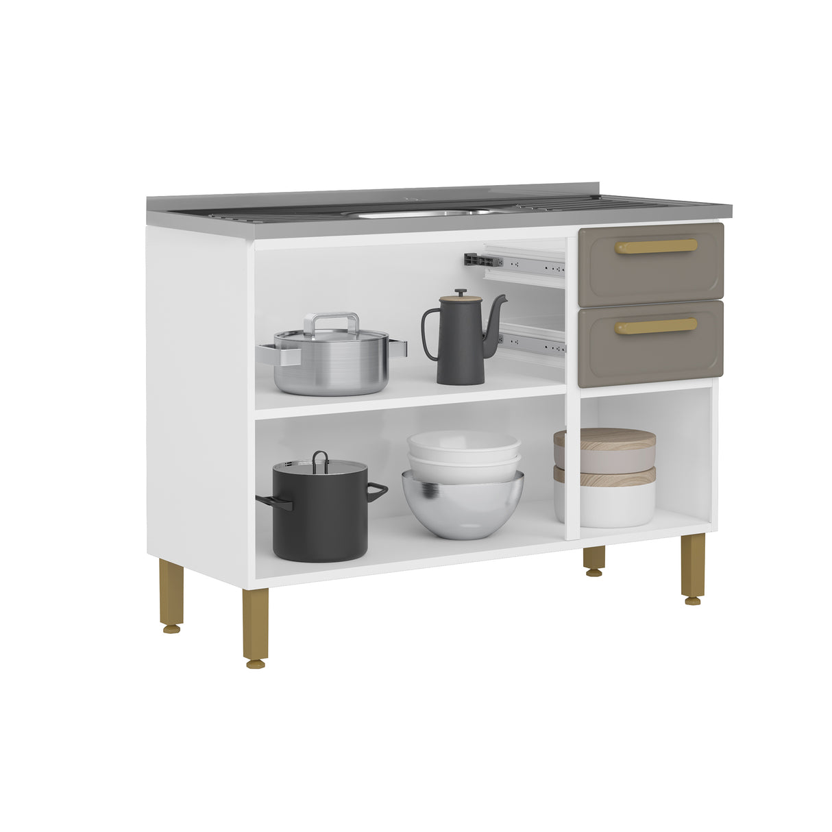 Mueble Inferior de Cocina Bella Cemento 120x86cm con Mesón de Acero Inoxidable de Pozuelo Centro y sin Estufa