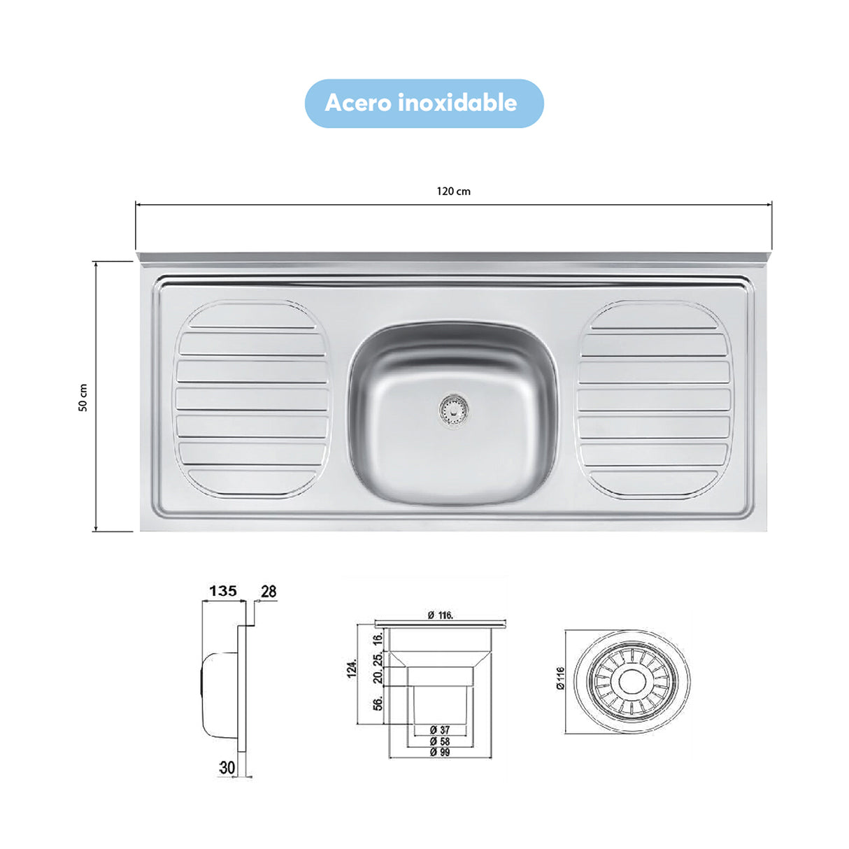 Mueble Inferior de Cocina Bella Cemento 120x86cm con Mesón de Acero Inoxidable de Pozuelo Centro y sin Estufa