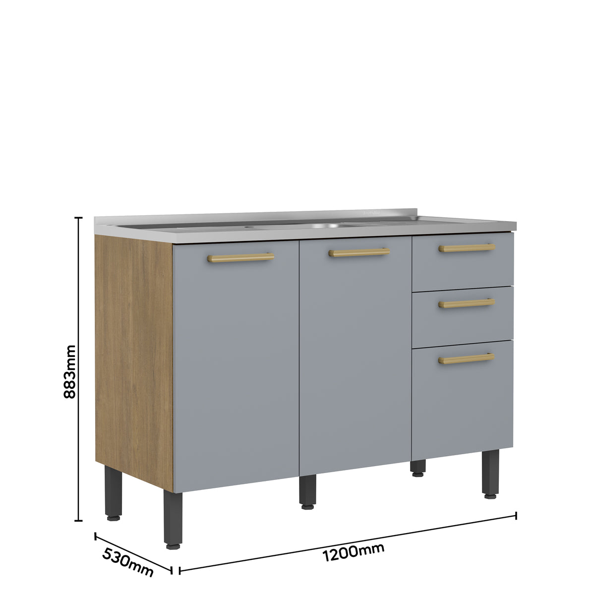 Mueble Inferior de Cocina Axe Arena Gris 120x85.5cm con Mesón de Acero Inoxidable de Pozuelo Centro y sin Estufa