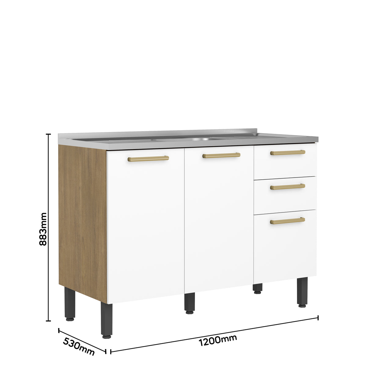 Mueble Inferior de Cocina Axe Blanco 120x85.5cm con Mesón de Acero Inoxidable de Pozuelo Centro y sin Estufa