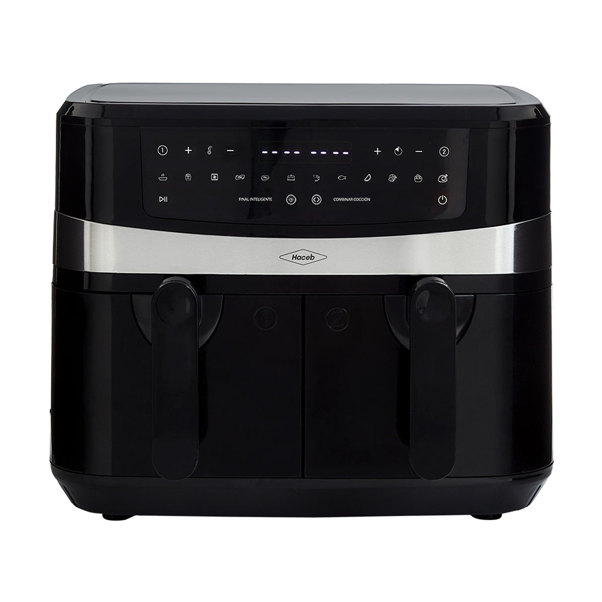 Freidora de Aire Haceb Negro 44.5x32.8cm de 8 Litros con Pantalla Digital con Dos Compartimientos de Cocción y con 12 Funciones Preconfiguradas