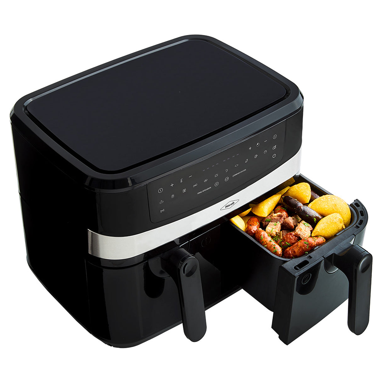 Freidora de Aire Haceb Negro 44.5x32.8cm de 8 Litros con Pantalla Digital con Dos Compartimientos de Cocción y con 12 Funciones Preconfiguradas