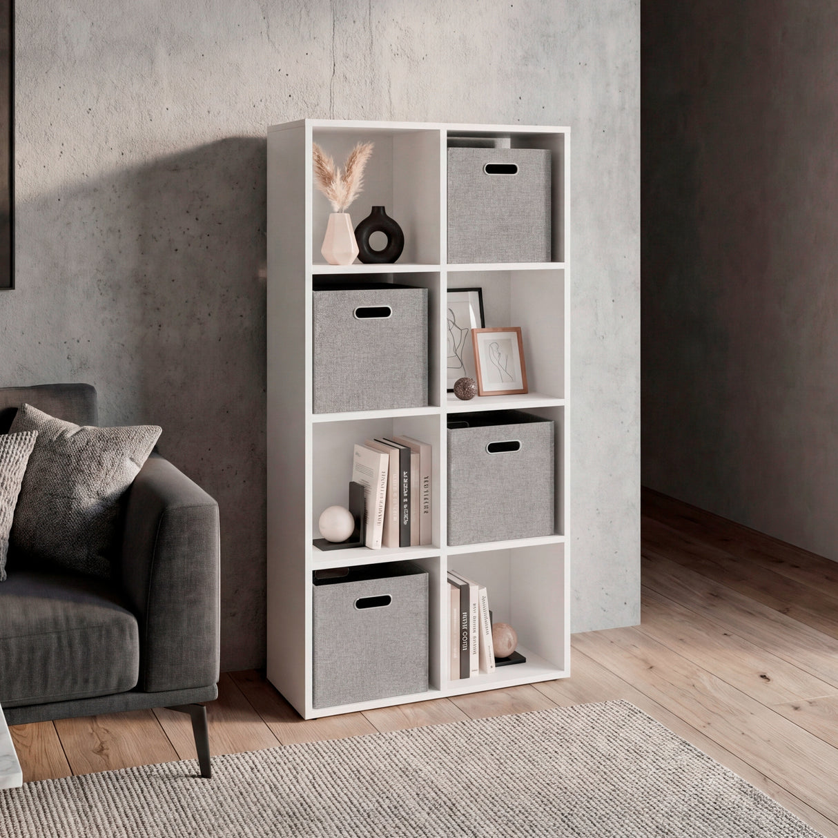 Mueble Organizador Lena Blanco 61.8x122.1cm de Cuatro Hileras con Cuatro Cajas de Tela