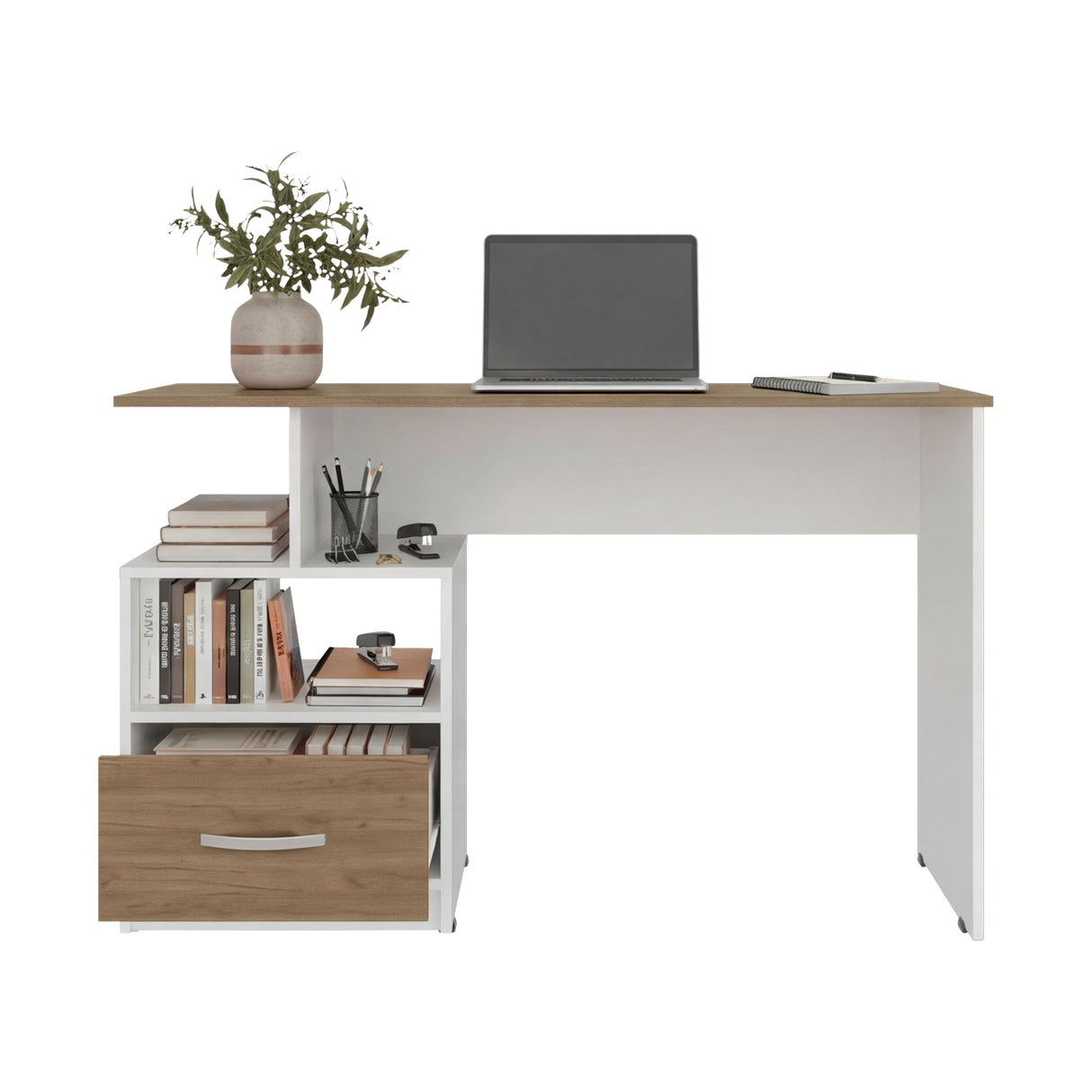 Escritorio Kenly Fresno y Blanco 120x75cm con Un Cajón