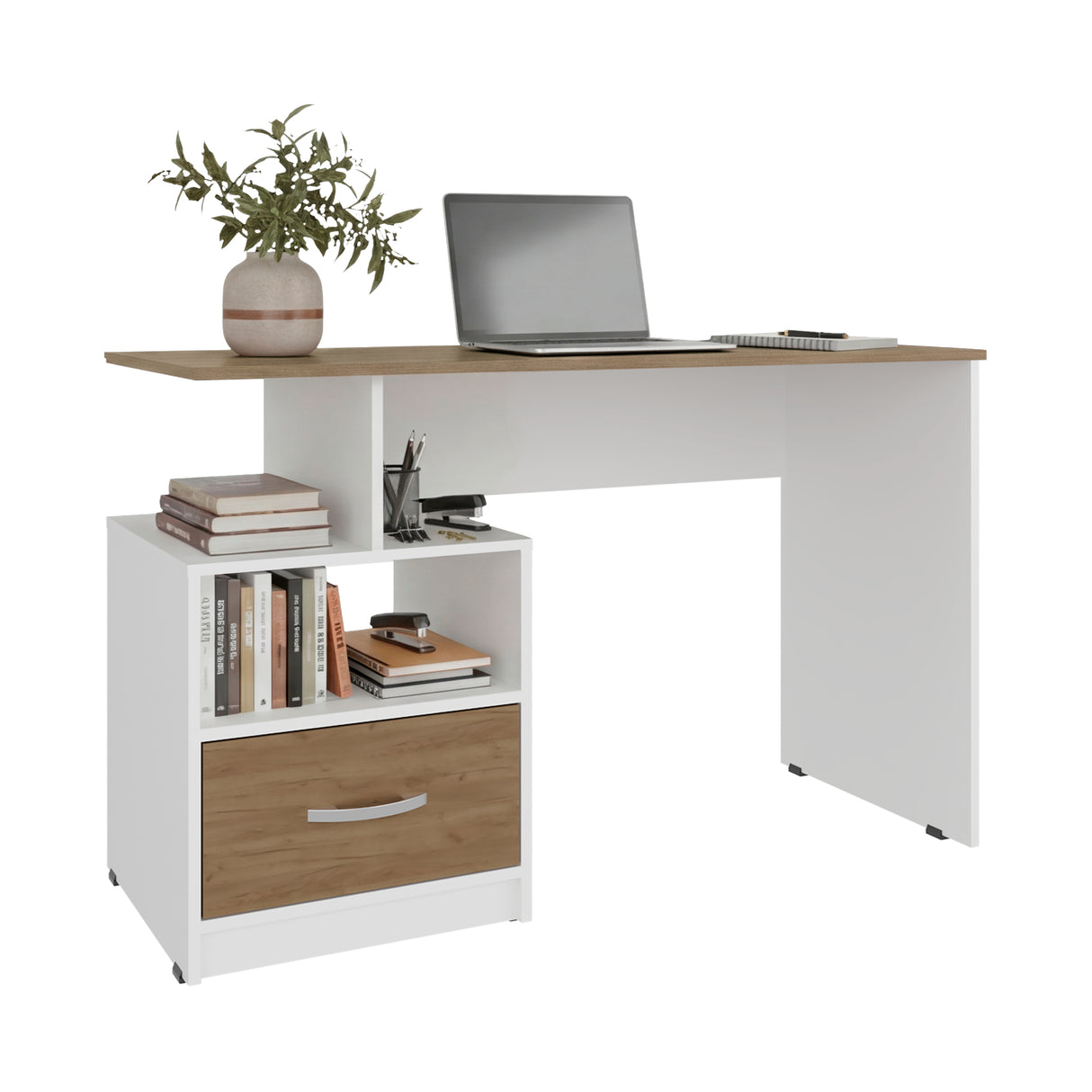 Escritorio Kenly Fresno y Blanco 120x75cm con Un Cajón