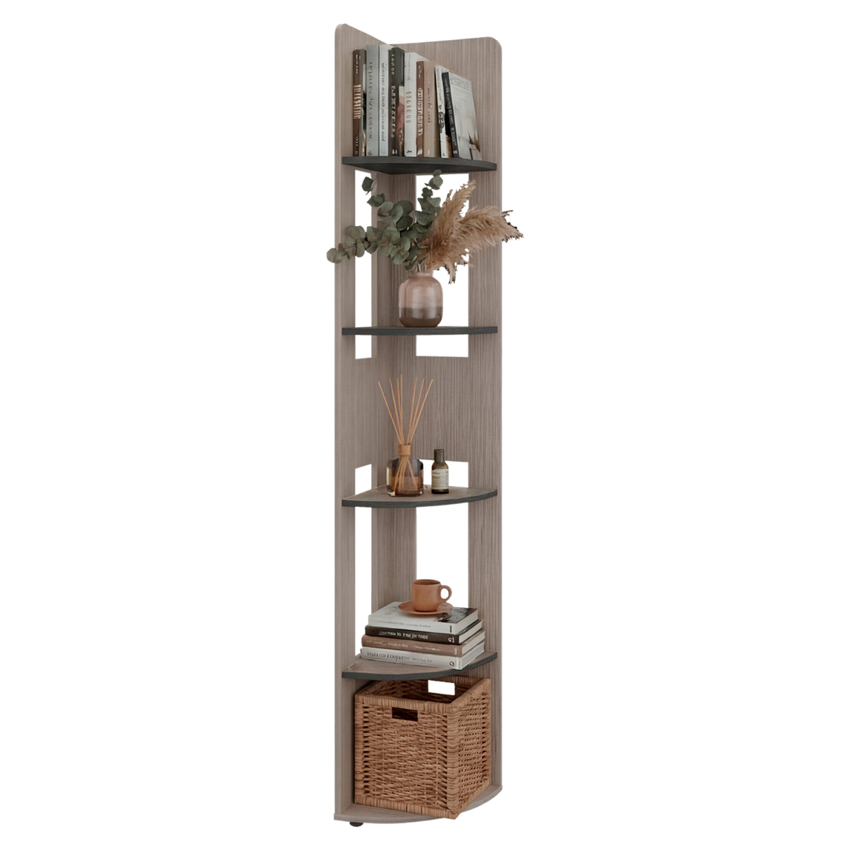 Estantería Home E-M7 Positano y Wengue 30x180.6cm Triangular con Cuatro Entrepaños y Cinco Compartimientos