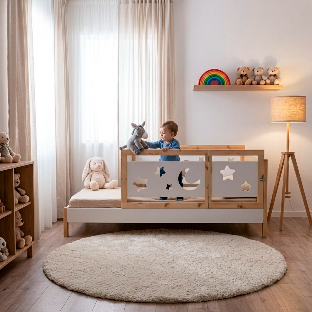 Cama Cuna Nara Matiz Natural y Blanco 106x87cm Para Colchón Sencillo 100x190 cm con Cabecero y sin Colchón