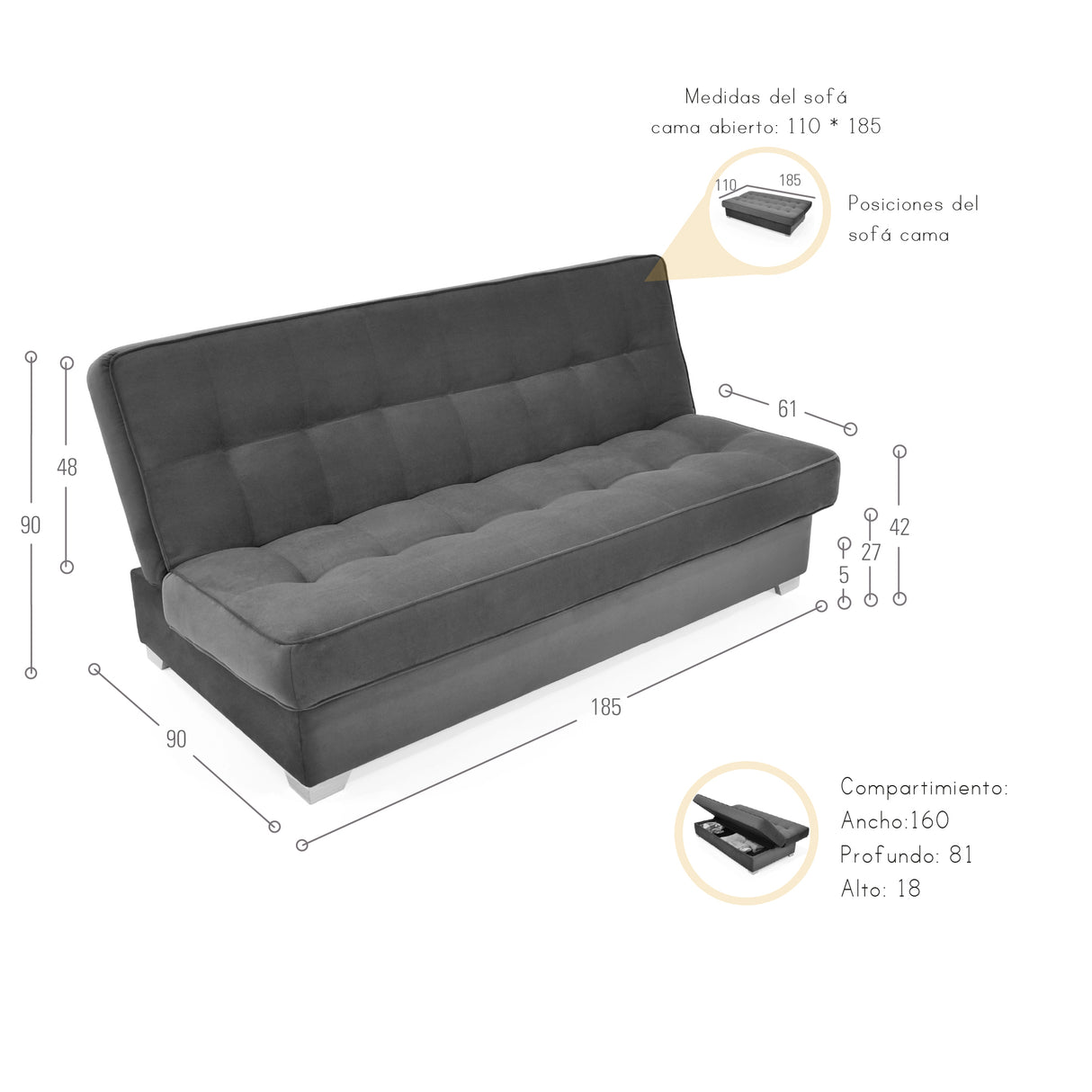 Sofacama Cambridge Gris y Matiz Natural 185x90cm de Tres Puestos Reclinable con Almacenamiento y sin Apoya Brazos
