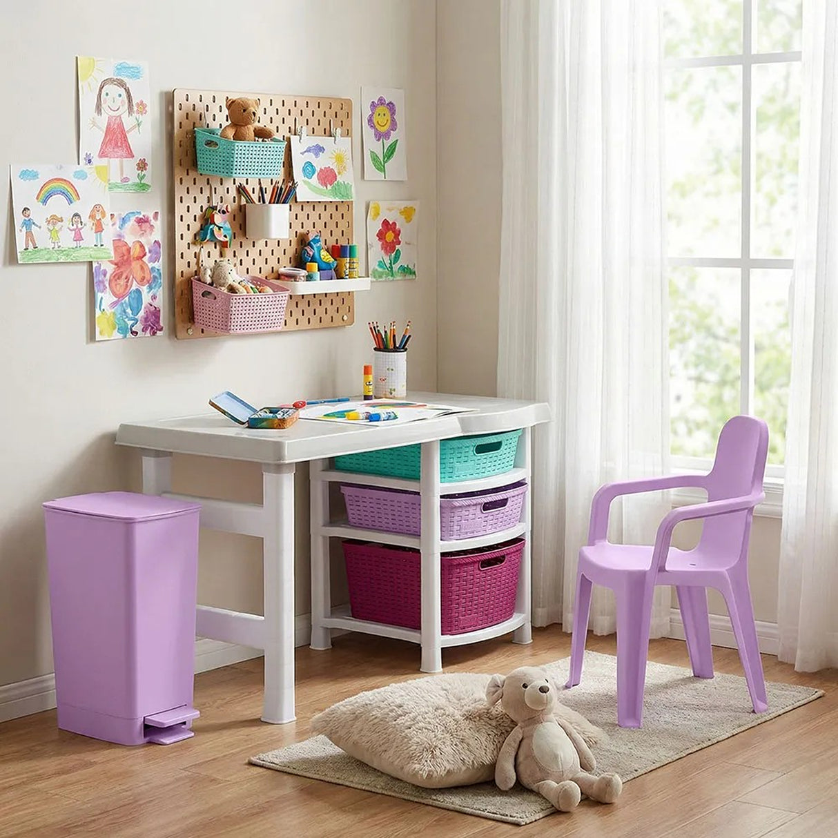 Combo Estudio Infantil Blanco y Verde Manzana 88x50cm con Un Escritorio Una Silla y Una Basurera