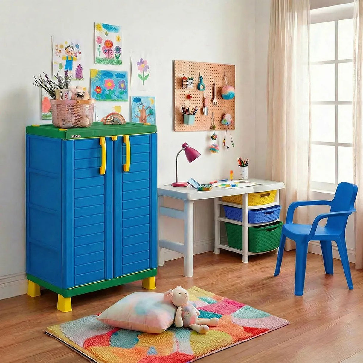 Combo Estudio Infantil Blanco y Azul 88x50cm con Un Escritorio Una Silla y Un Armario