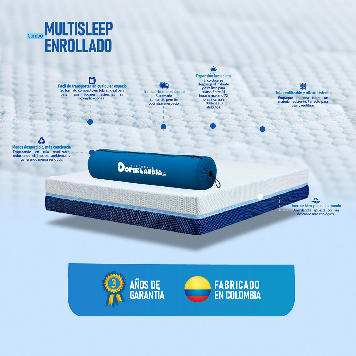 Combo Base Cama y Colchón Enrollado Multisleep Blanco y Arena Doble 140 X 190 Cm Firmeza Medio Doble Faz