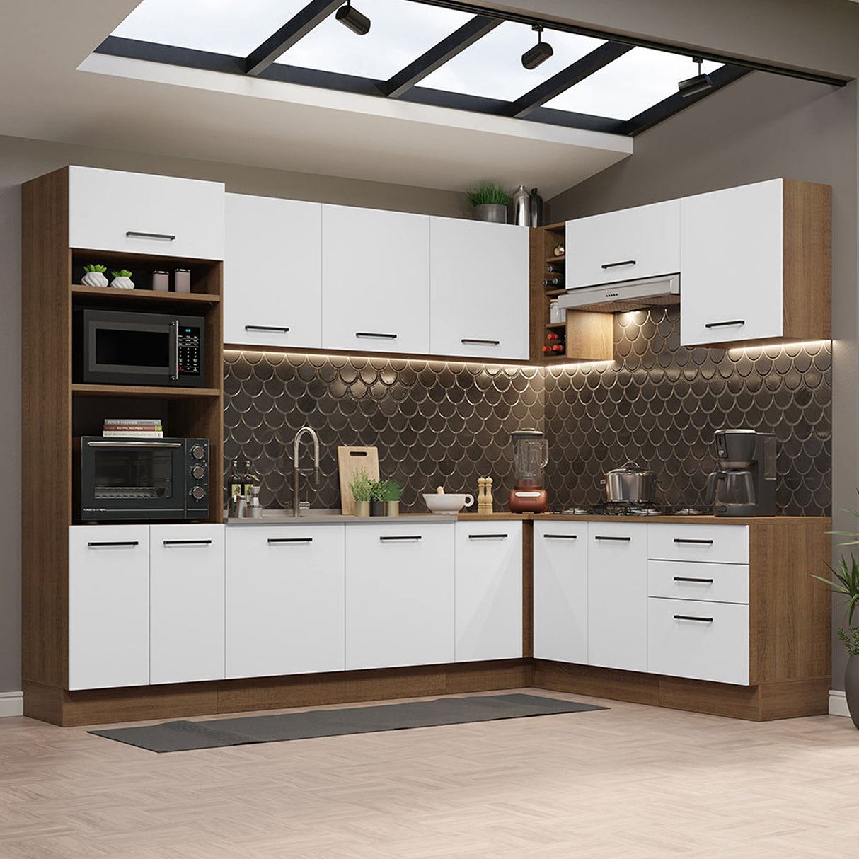 Cocina Integral Agata Marrón y Blanco 479x225cm sin Mesón para Pozuelo Izquierda y sin Estufa