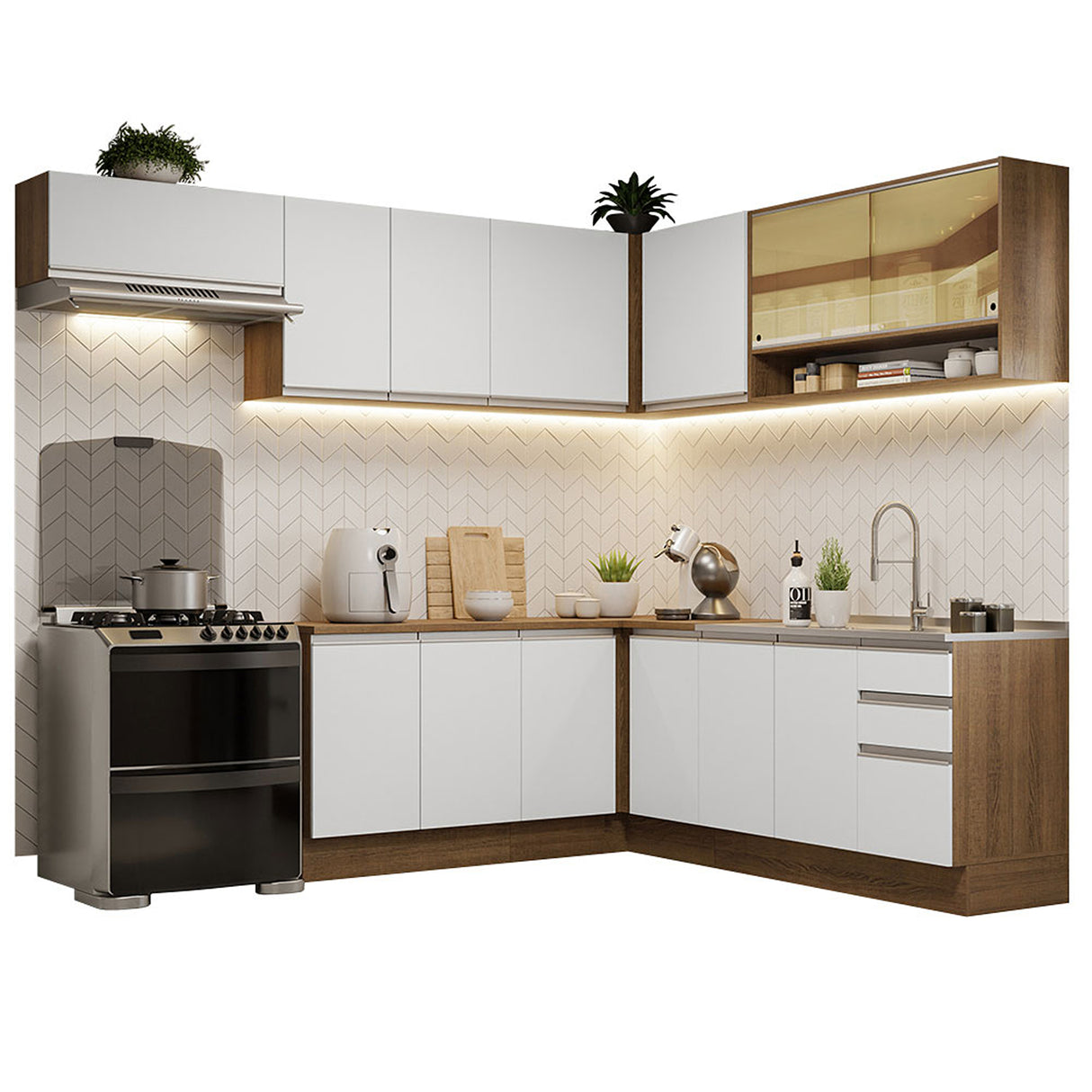 Cocina Integral Glamy Marrón y Blanco 469x225cm sin Mesón para Pozuelo Izquierda y sin Estufa