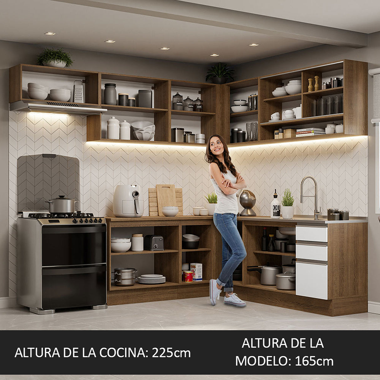 Cocina Integral Glamy Marrón y Blanco 469x225cm sin Mesón para Pozuelo Izquierda y sin Estufa