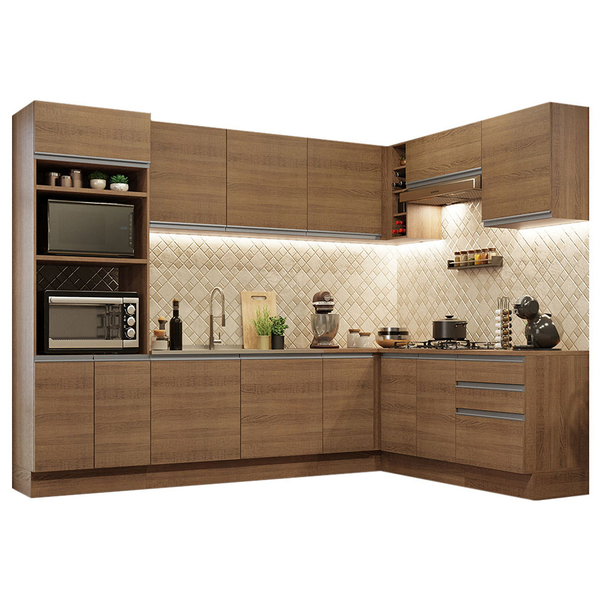 Cocina Integral Glamy Marrón 479x225cm sin Mesón para Pozuelo Izquierda y sin Estufa