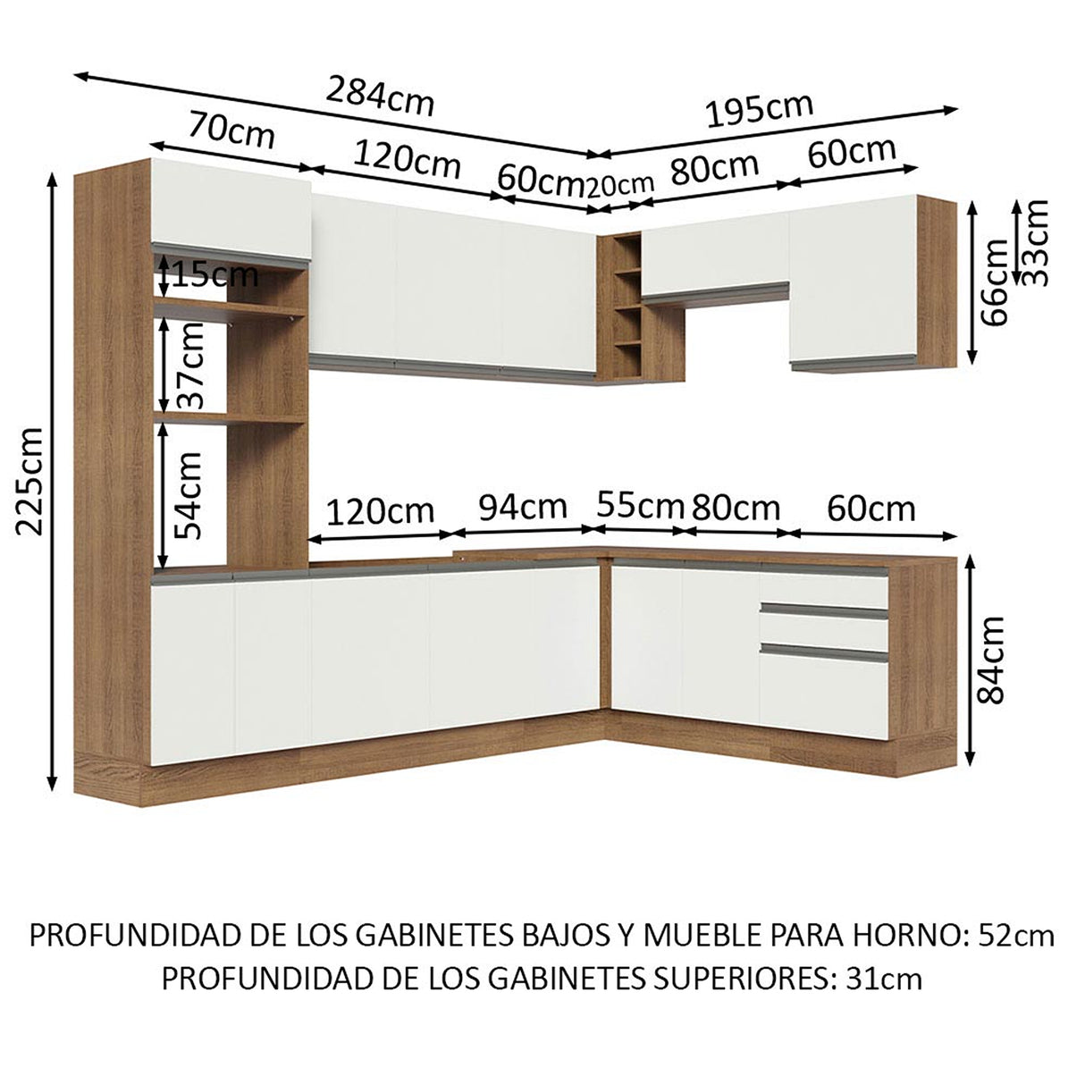 Cocina Integral Glamy Marrón y Blanco 479x225cm sin Mesón para Pozuelo Izquierda y sin Estufa