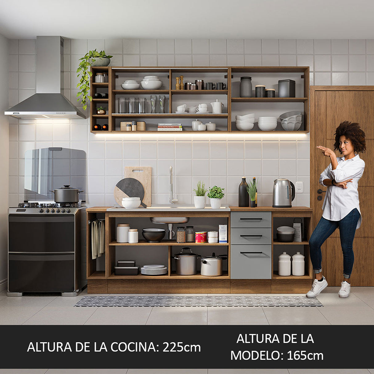 Cocina Integral Agata Blanco y Crema 220x225cm sin Mesón para Pozuelo Izquierda y sin Estufa