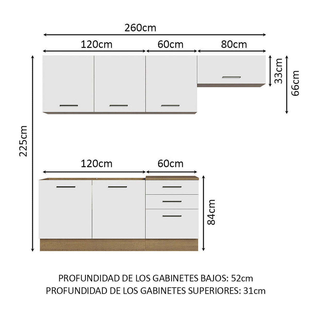 Cocina Integral Agata Marrón y Blanco 260x225cm sin Mesón para Pozuelo Izquierda y sin Estufa