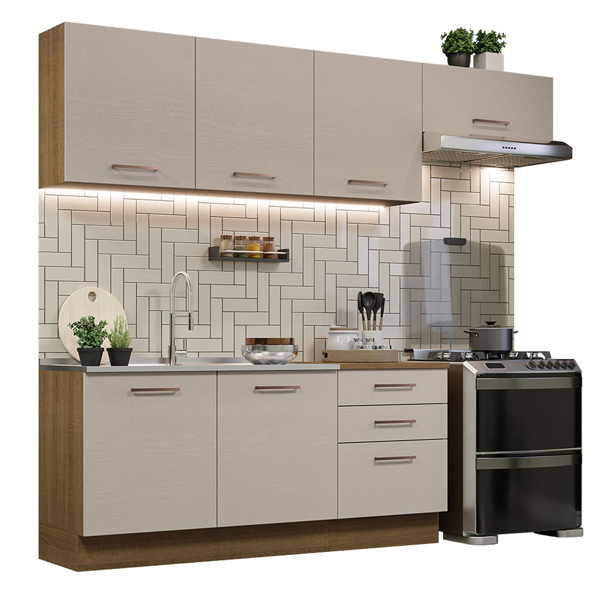 Cocina Integral Agata Marrón y Crema 260x225cm sin Mesón para Pozuelo Izquierda y sin Estufa