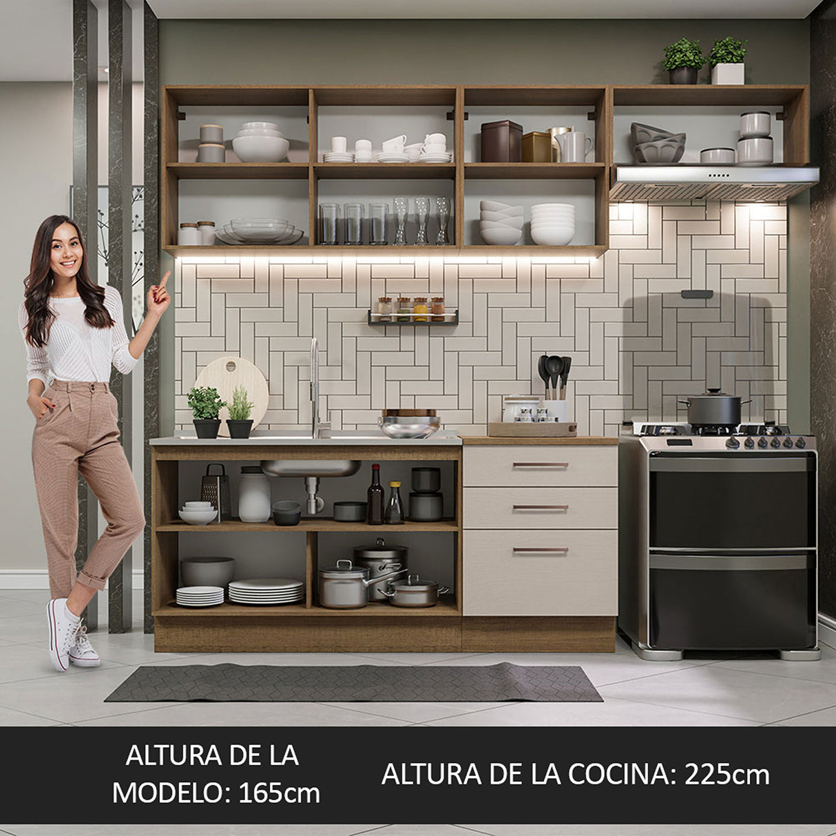 Cocina Integral Agata Marrón y Crema 260x225cm sin Mesón para Pozuelo Izquierda y sin Estufa