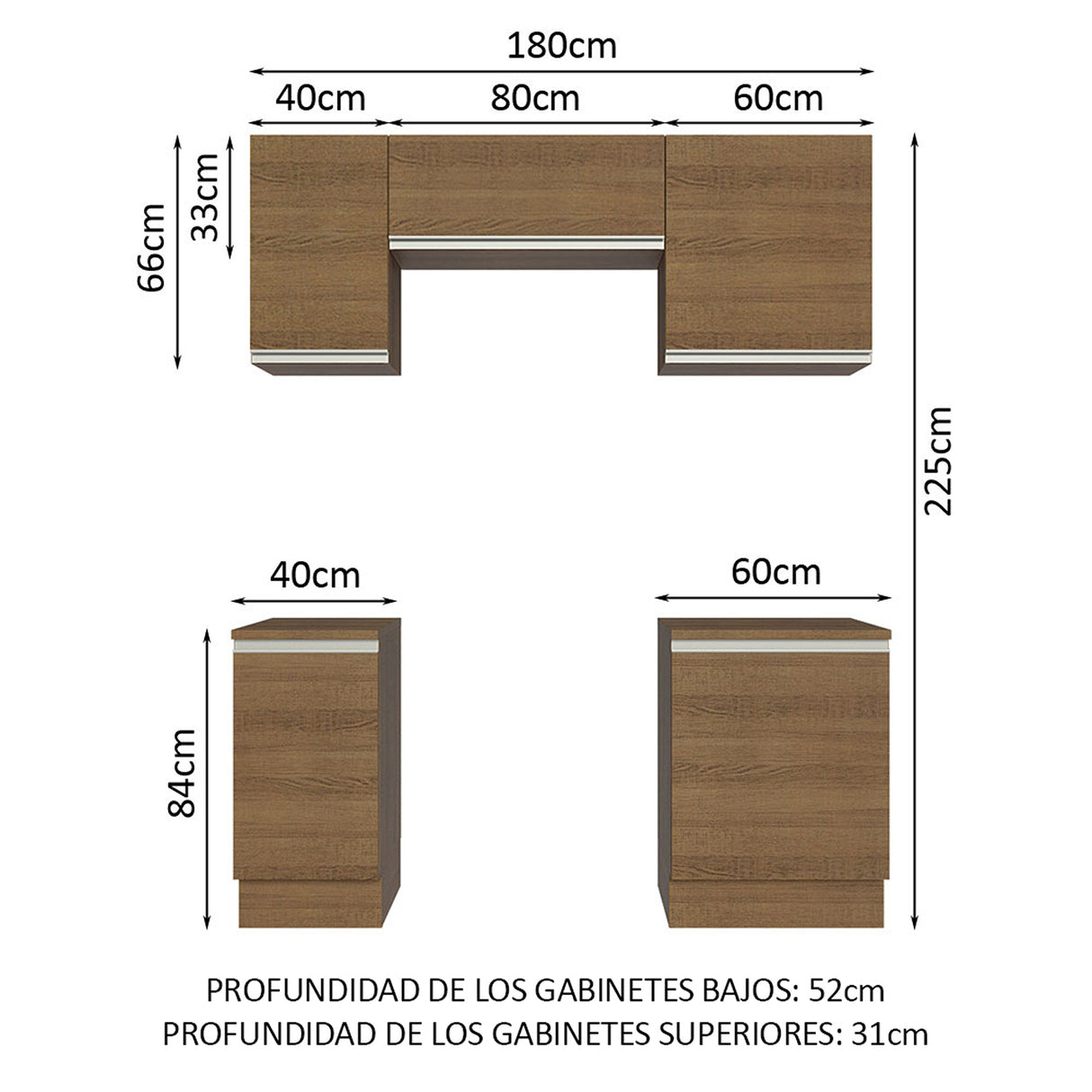 Cocina Integral Glamy Marrón 180x225cm con Mesón de Madera Aglomerada Mdp y sin Estufa