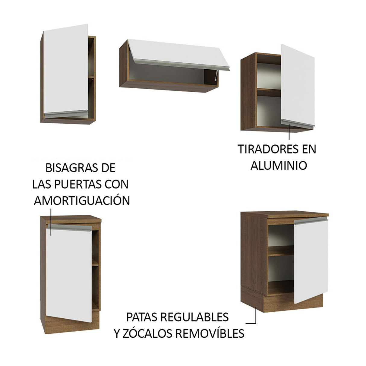 Cocina Integral Glamy Marrón y Blanco 180x225cm con Mesón de Madera Aglomerada Mdp y sin Estufa