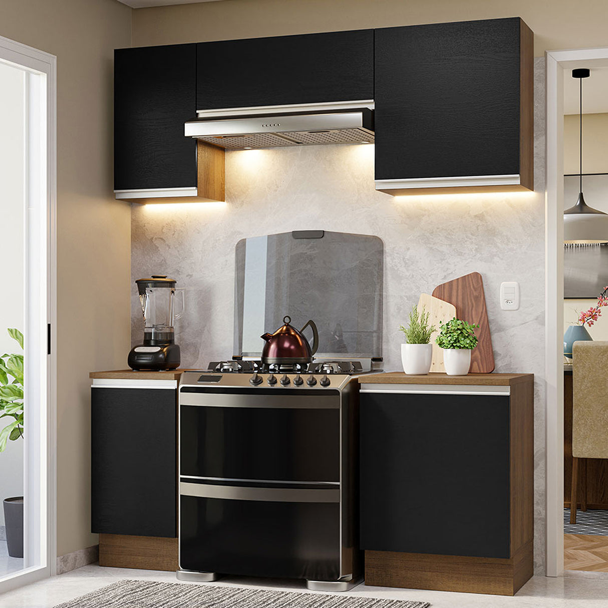 Cocina Integral Glamy Marrón y Negro 180x225cm con Mesón de Madera Aglomerada Mdp y sin Estufa