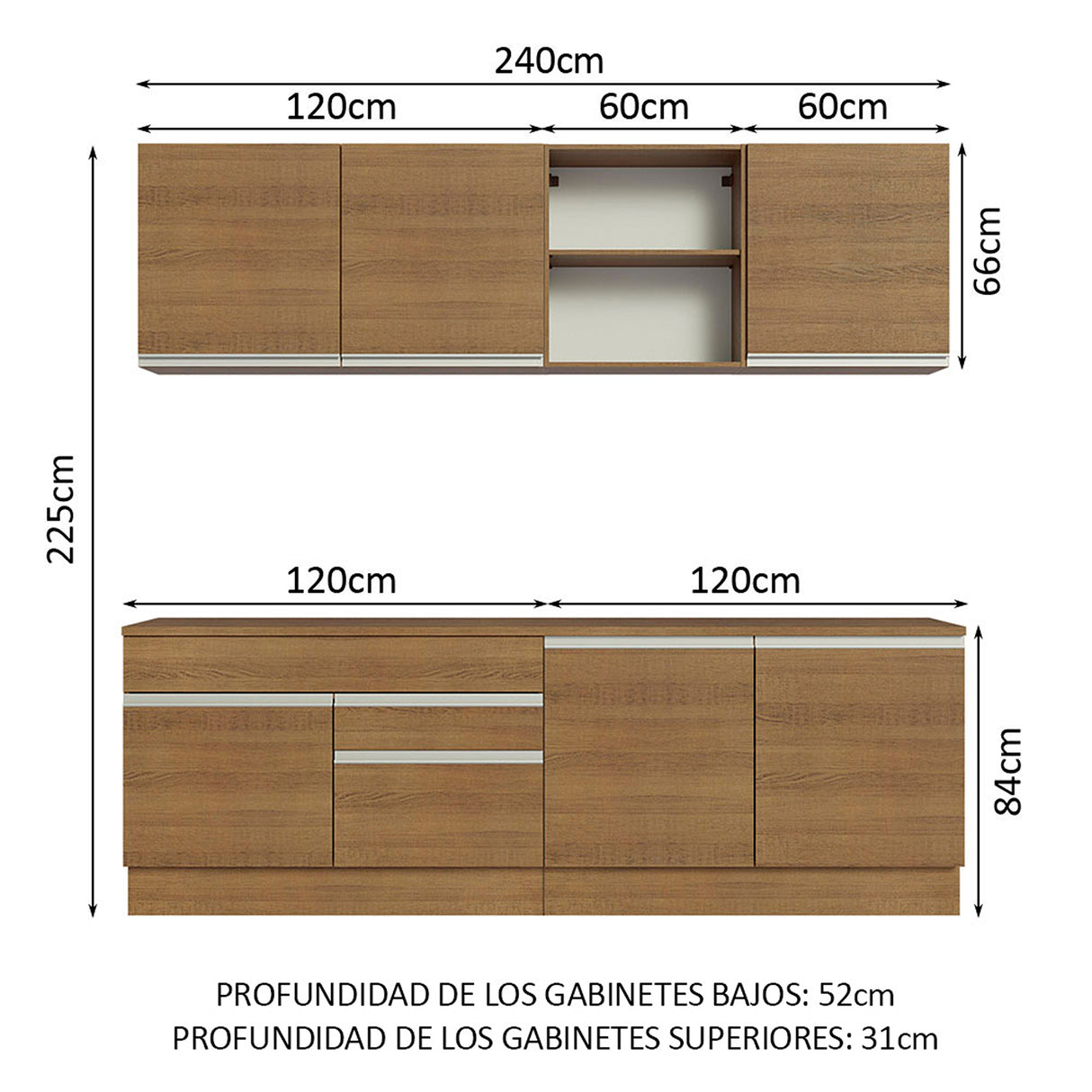 Cocina Integral Glamy Marrón 240x225cm con Mesón de Madera Aglomerada Mdp y sin Estufa