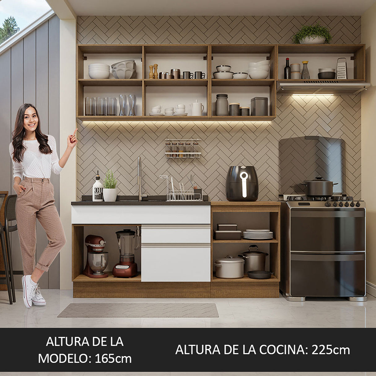Cocina Integral Glamy Marrón y Blanco 260x225cm sin Mesón para Pozuelo Izquierda y sin Estufa
