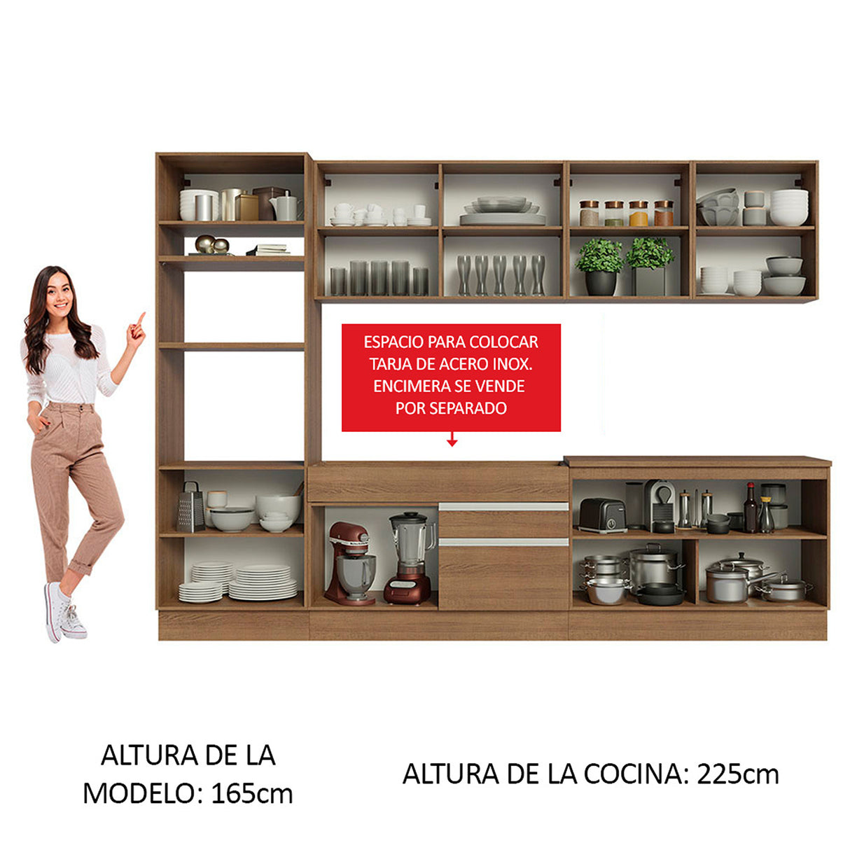 Cocina Integral Glamy Marrón 310x225cm sin Mesón para Pozuelo Izquierda y sin Estufa