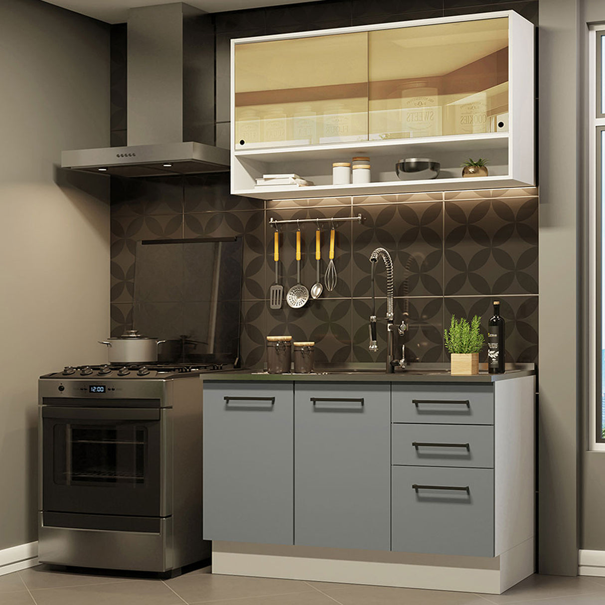 Cocina Integral Agata Blanco y Gris 120x225cm sin Mesón para Pozuelo Izquierda y sin Estufa