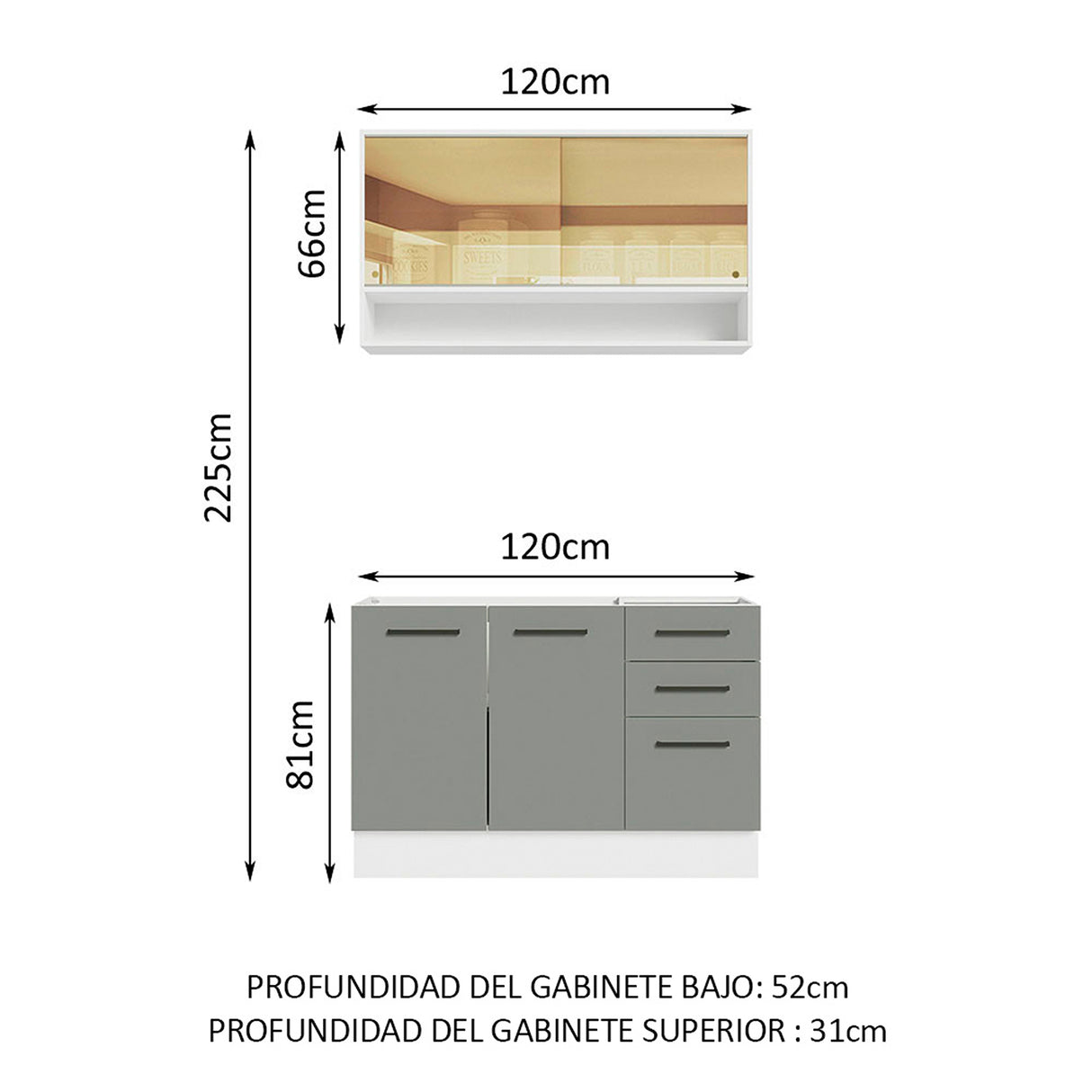 Cocina Integral Agata Blanco y Gris 120x225cm sin Mesón para Pozuelo Izquierda y sin Estufa