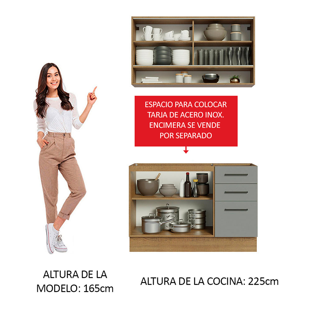Cocina Integral Agata Marrón y Gris 120x225cm sin Mesón para Pozuelo Izquierda y sin Estufa