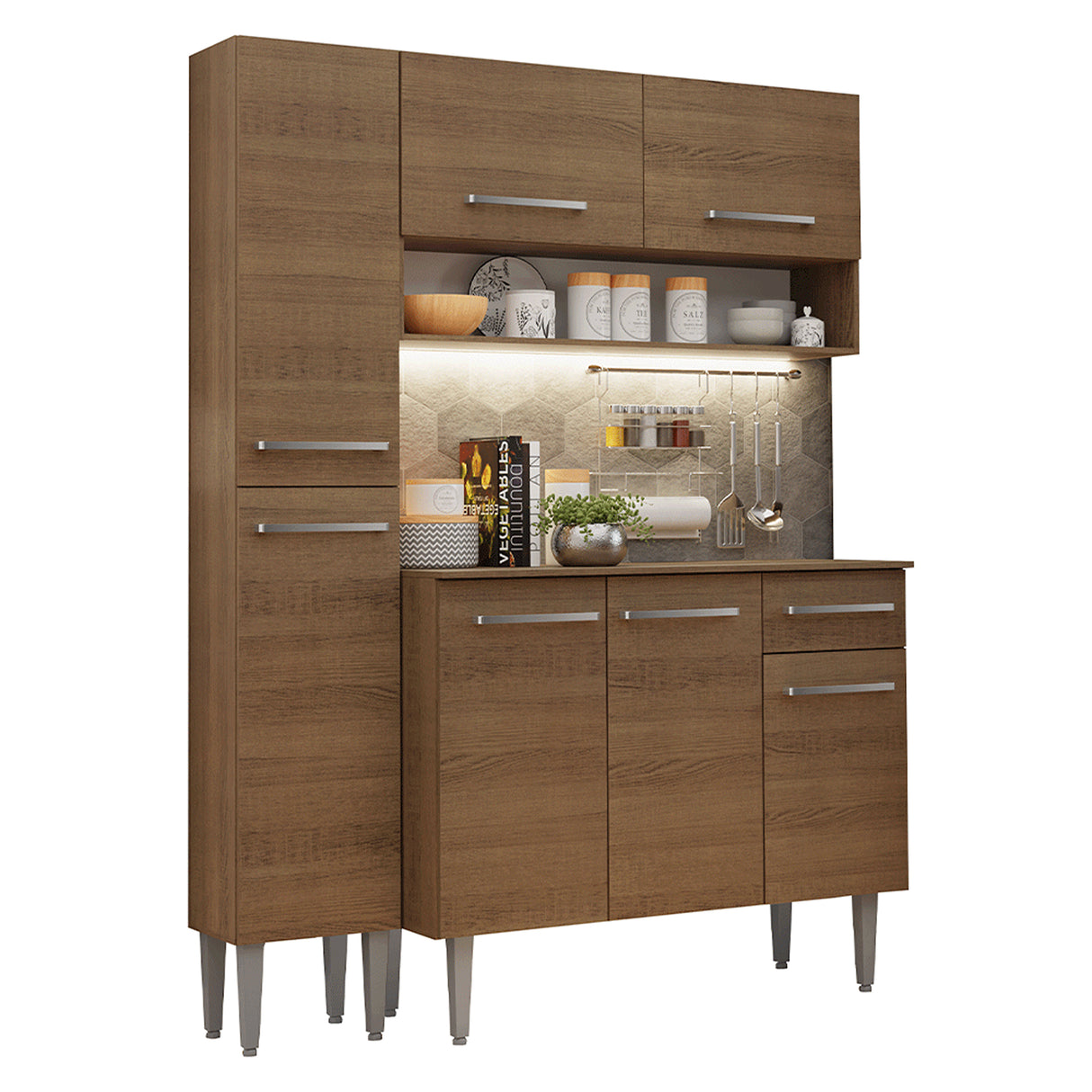 Cocina Integral Emily Marrón 137x186cm con Mesón de Madera Aglomerada Mdf con Siete Puertas y sin Estufa