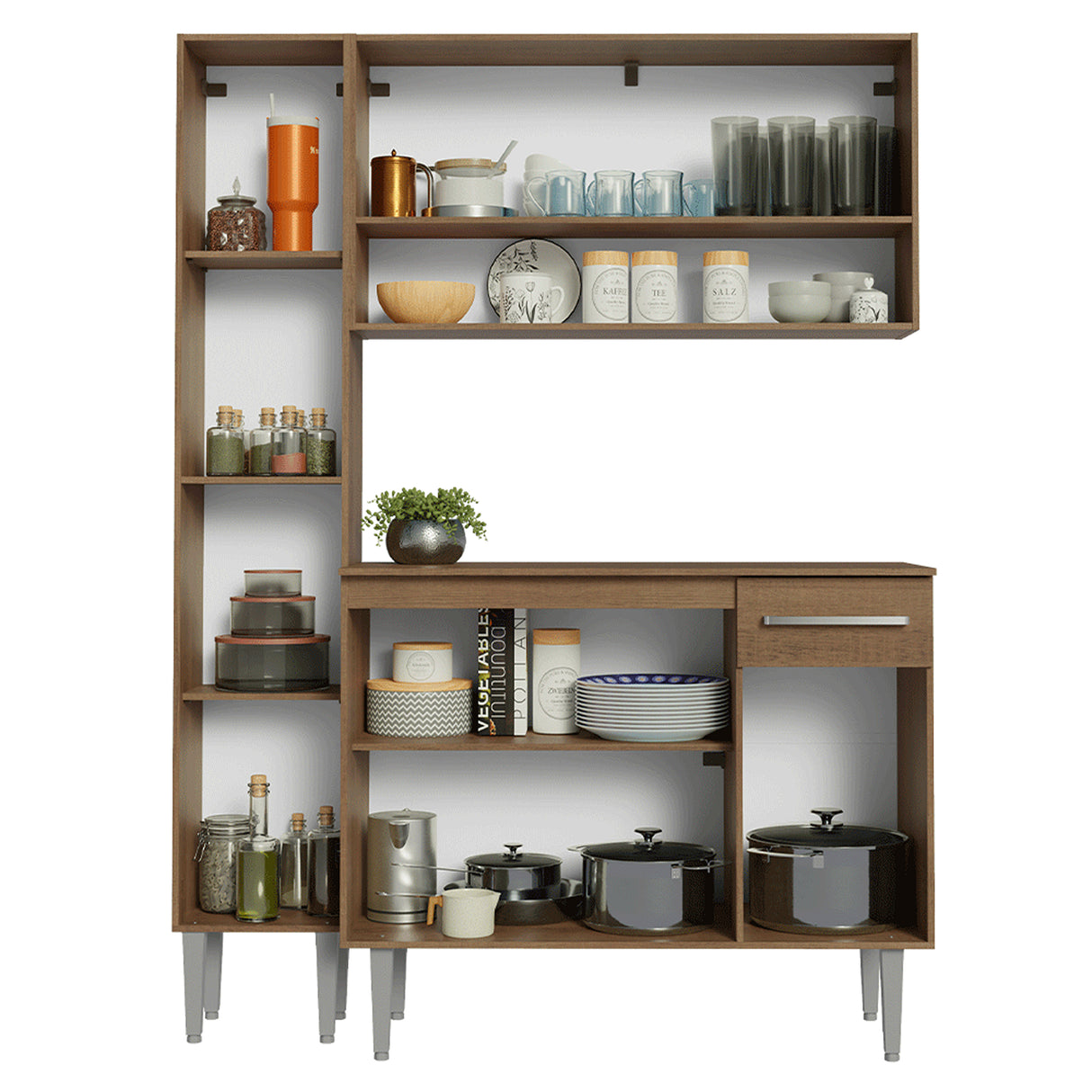 Cocina Integral Emily Marrón 137x186cm con Mesón de Madera Aglomerada Mdf con Siete Puertas y sin Estufa