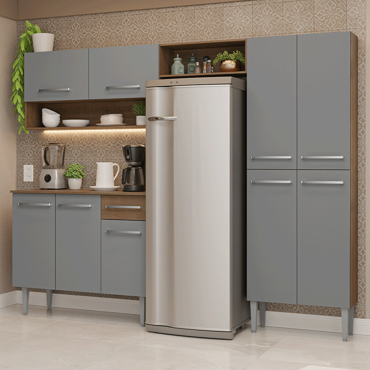 Cocina Integral Emily Marrón y Gris 229x186cm con Mesón de Madera Aglomerada Mdp y sin Estufa