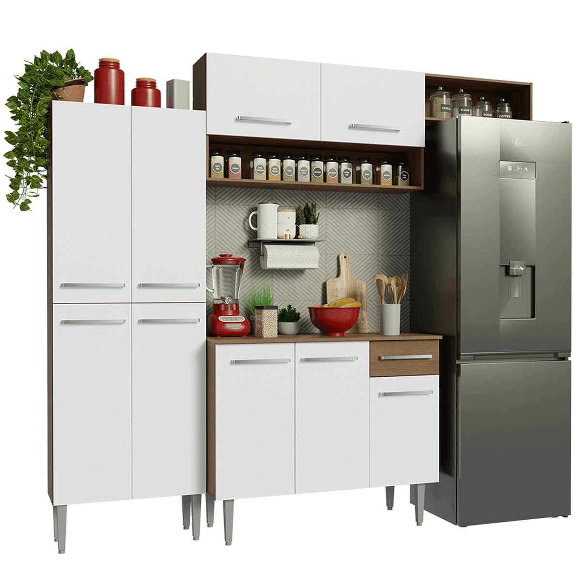 Cocina Integral Emily Marrón y Blanco 229x210cm con Mesón de Madera Aglomerada Mdp y sin Estufa
