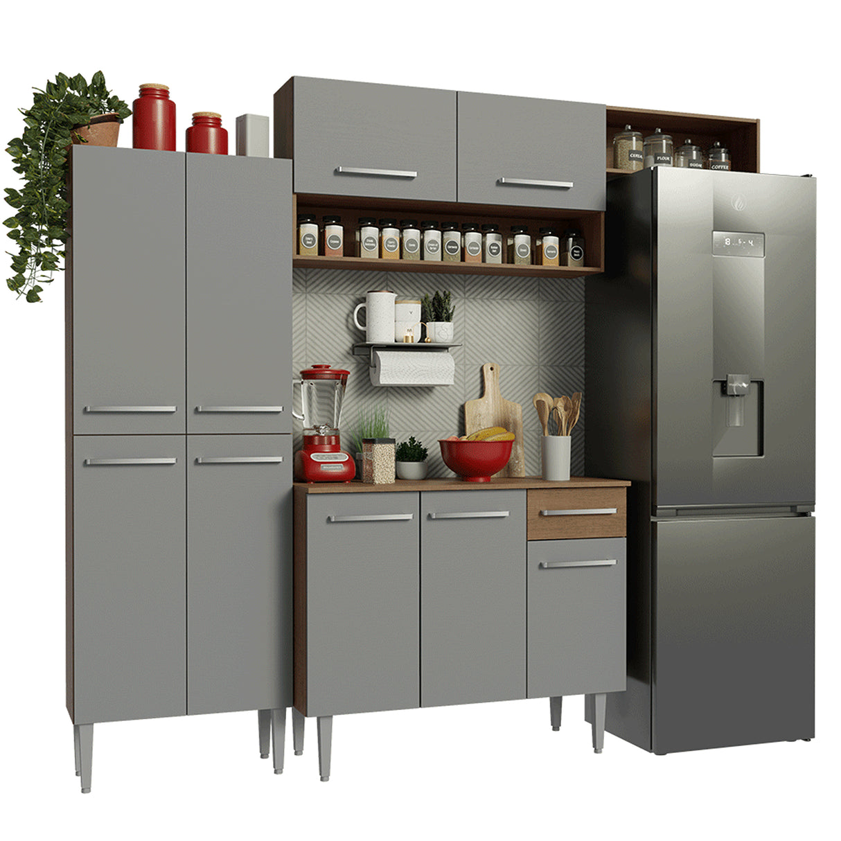 Cocina Integral Emily Marrón y Gris 229x210cm con Mesón de Madera Aglomerada Mdp y sin Estufa