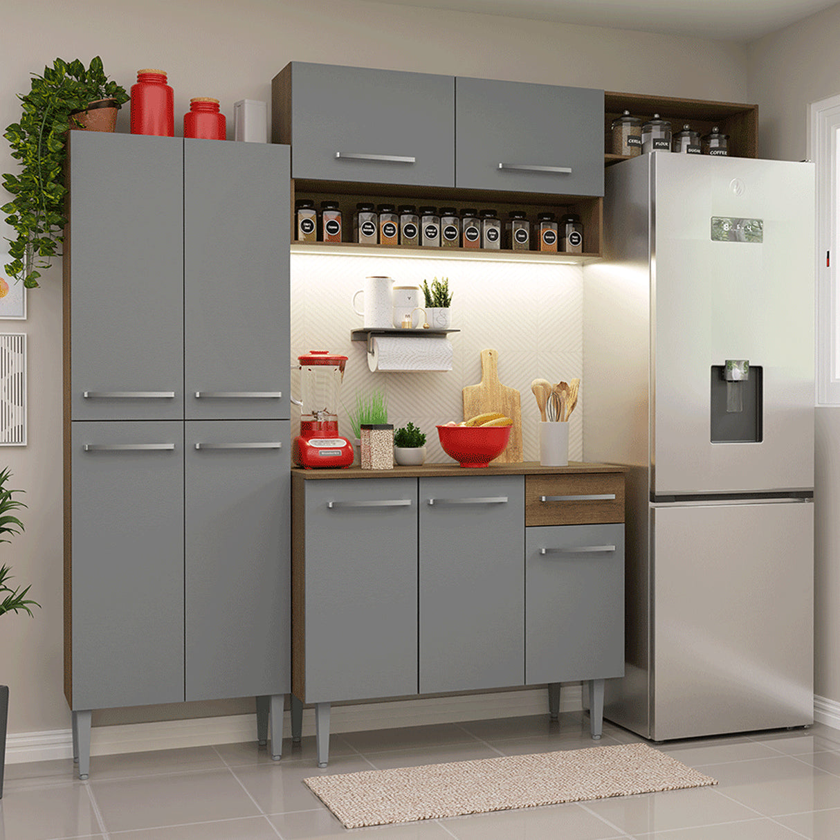 Cocina Integral Emily Marrón y Gris 229x210cm con Mesón de Madera Aglomerada Mdp y sin Estufa