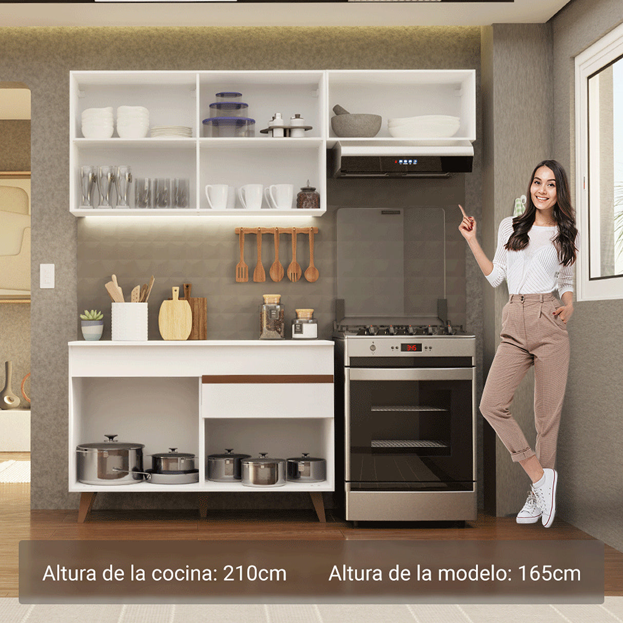 Cocina Integral Reims Blanco 190x210cm con Mesón de Madera Aglomerada Mdp con Cinco Puertas y sin Estufa