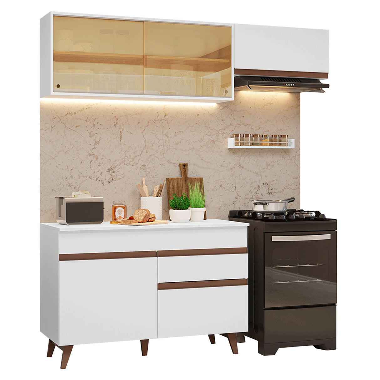 Cocina Integral Reims Blanco 190x210cm con Mesón de Madera Aglomerada Mdp con Un Cajón y sin Estufa