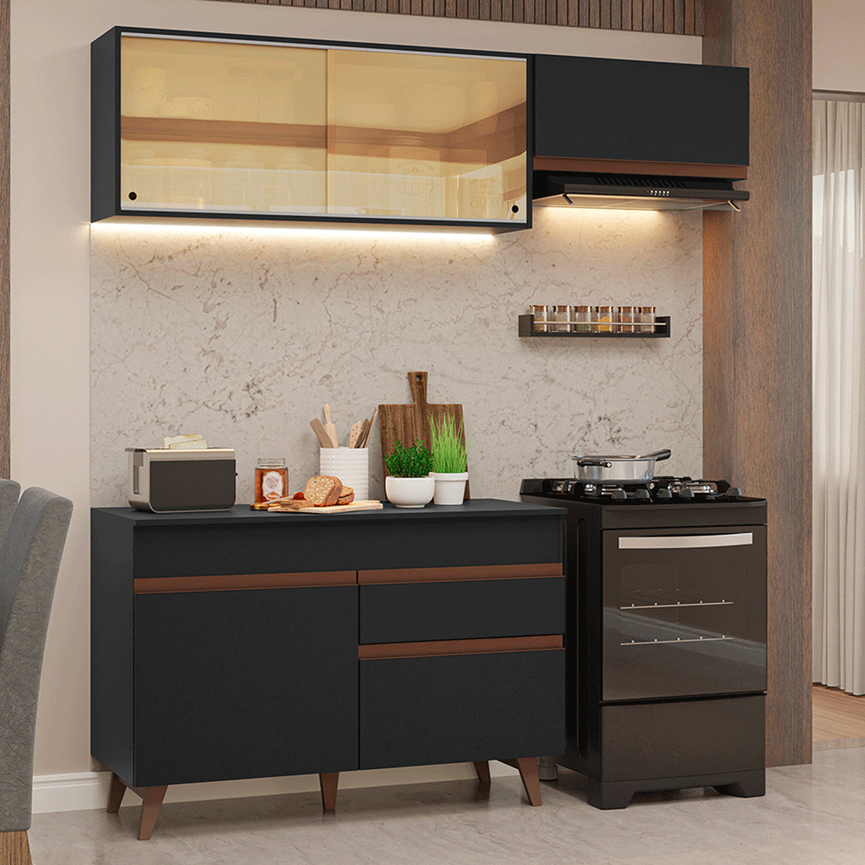 Cocina Integral Reims Negro 190x210cm con Mesón de Madera Aglomerada Mdp Con Puertas Traslucidas y sin Estufa