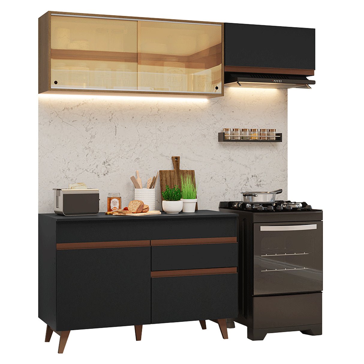 Cocina Integral Reims Negro y Marrón 190x210cm con Mesón de Madera Aglomerada Mdp con Cinco Puertas y sin Estufa