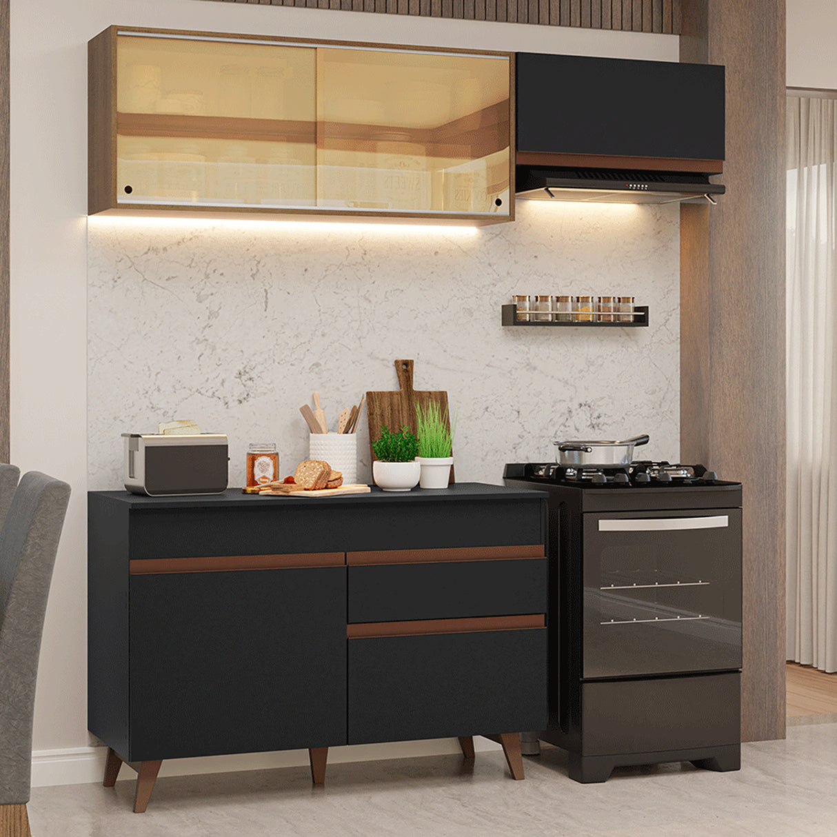 Cocina Integral Reims Negro y Marrón 190x210cm con Mesón de Madera Aglomerada Mdp con Cinco Puertas y sin Estufa