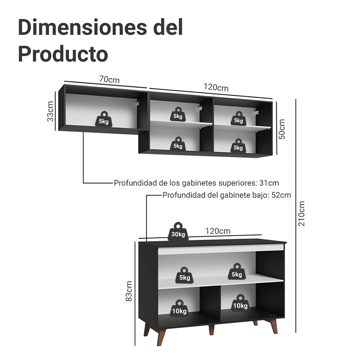 Cocina Integral Reims Negro 190x210cm con Mesón de Madera Aglomerada Mdp y sin Estufa