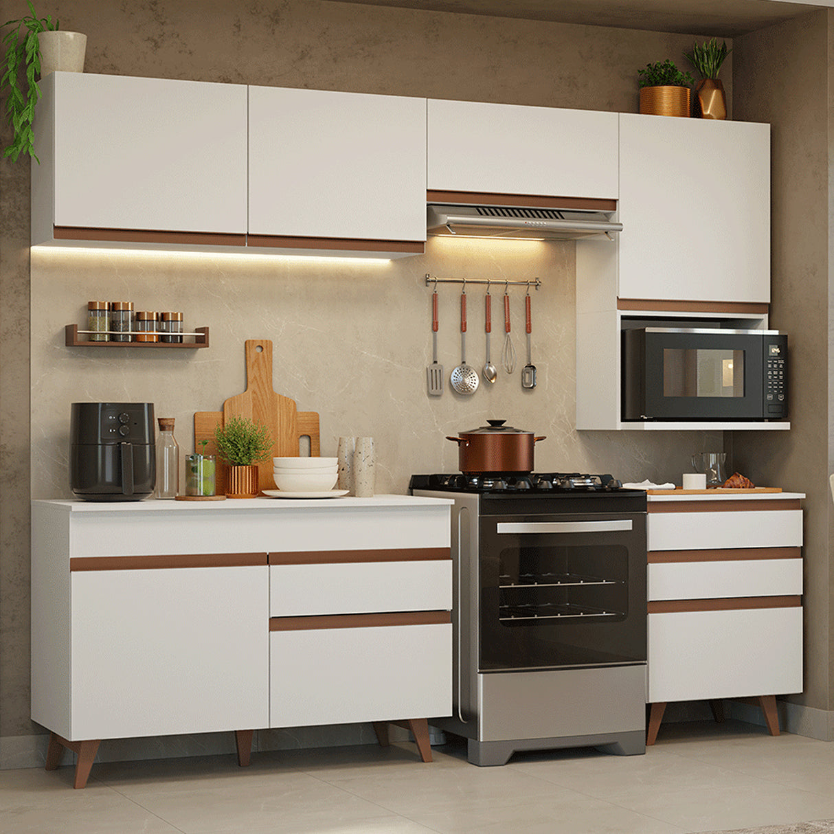 Cocina Integral Reims Blanco 250x210cm con Mesón de Madera Aglomerada Mdp con Un Cajón y sin Estufa